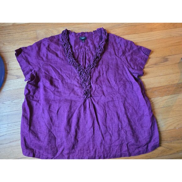 Talbots Womens 20W Ruffled V-Neck Purple Linen Top - Picture 3 of 7